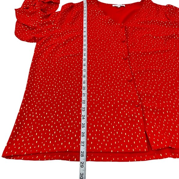 Emily Daniels Women Red Gold Polka Dot Blouse 2X Long Sleeve Ruffle Cuffs V-Neck - Picture 8 of 12